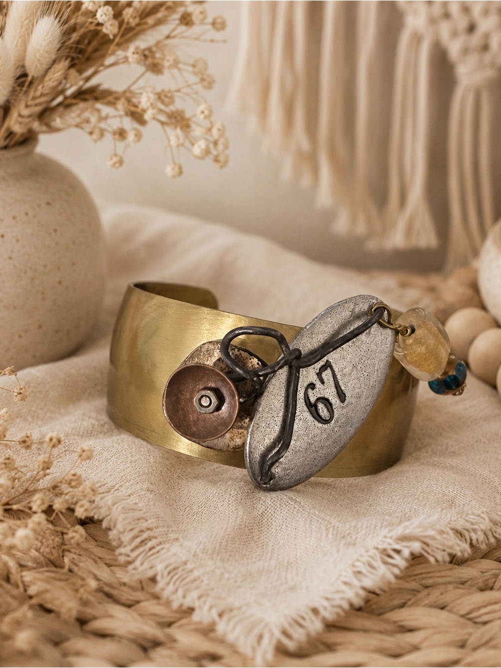 Rustic Boho Mixed Metal Cuff Bracelet • Cattle Tag• One-of-a-Kind Statement